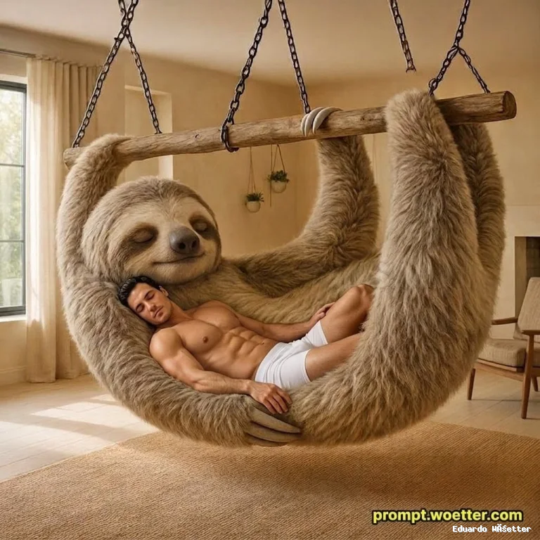 Uma imagem surreal e bem-humorada que mostra uma preguiça gigante e extremamente peluda, suspensa por correntes de metal em uma barra de madeira. O corpo macio e enorme do animal forma uma curva que funciona como uma rede. Deitado e dormindo tranquilamente dentro desse "berço" está um homem musculoso, sem camisa, vestindo apenas uma cueca branca, com a cabeça apoiada no peito da preguiça. Tanto o homem quanto o animal gigante estão com os olhos fechados, em profundo estado de relaxamento. A cena ocorre em um ambiente interno claro e ensolarado, com uma grande janela, um tapete bege no chão e vasos de plantas suspensos ao fundo.