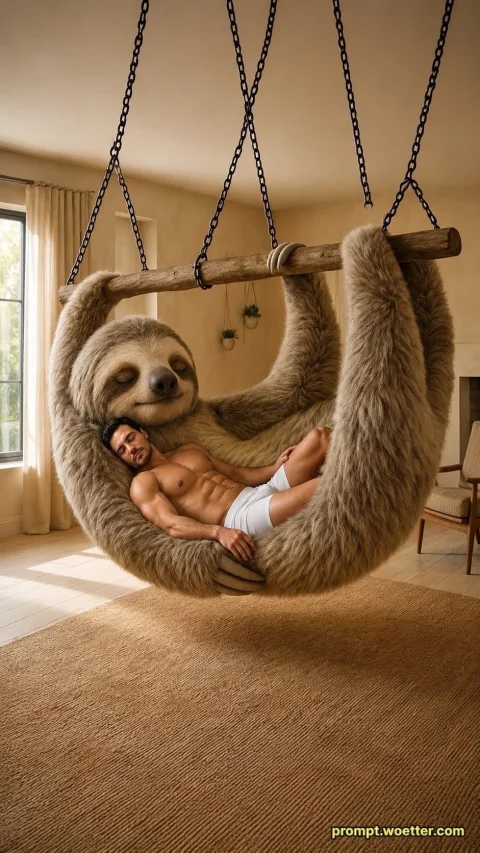 Uma imagem surreal e bem-humorada que mostra uma preguiça gigante e extremamente peluda, suspensa por correntes de metal em uma barra de madeira. O corpo macio e enorme do animal forma uma curva que funciona como uma rede. Deitado e dormindo tranquilamente dentro desse "berço" está um homem musculoso, sem camisa, vestindo apenas uma cueca branca, com a cabeça apoiada no peito da preguiça. Tanto o homem quanto o animal gigante estão com os olhos fechados, em profundo estado de relaxamento. A cena ocorre em um ambiente interno claro e ensolarado, com uma grande janela, um tapete bege no chão e vasos de plantas suspensos ao fundo.
