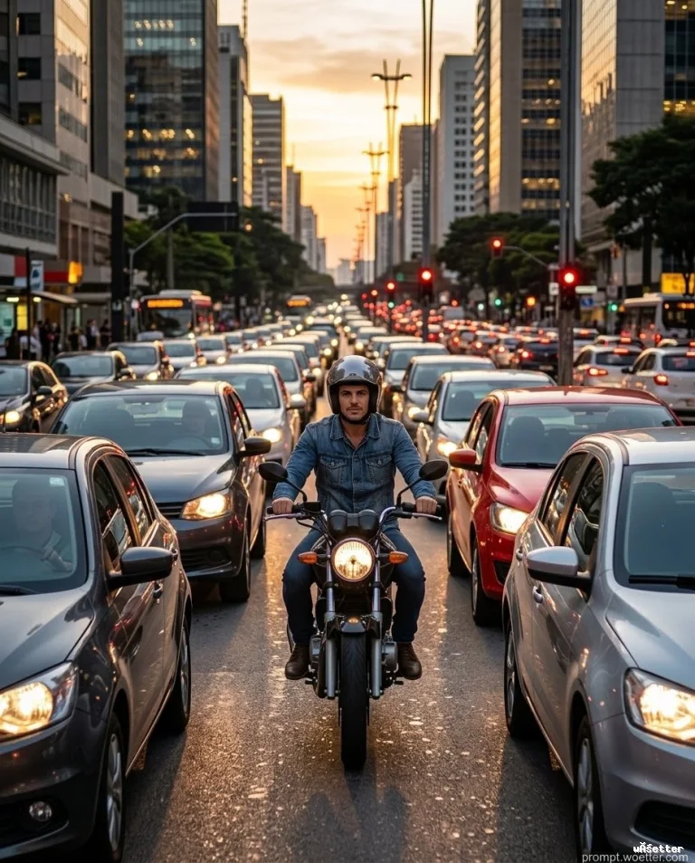 Fotografia frontal de um homem caucasiano de jaqueta jeans e capacete cinza pilotando uma motocicleta no centro de uma ampla avenida metropolitana densamente engarrafada. A cena ocorre durante o pôr do sol, com uma luz quente iluminando os veículos ao redor e os imponentes arranha-céus comerciais que ladeiam a via até o horizonte.