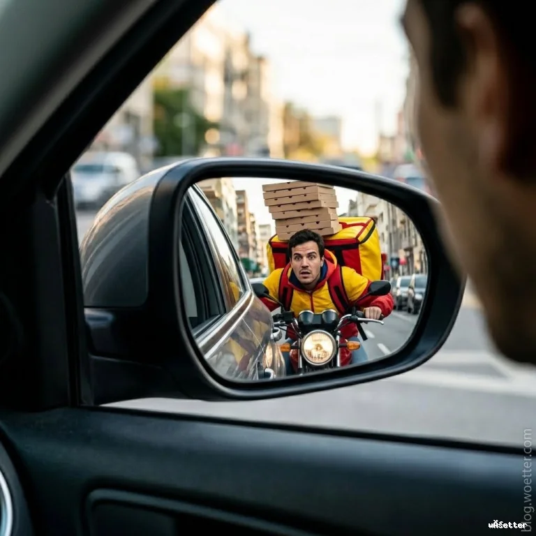 Visão a partir do espelho retrovisor lateral de um carro, mostrando o reflexo de um entregador de moto logo atrás. O motociclista tem os olhos arregalados em uma expressão de choque. Ele veste jaqueta amarela e vermelha e carrega uma mochila térmica de entrega nas costas, sobre a qual se equilibra uma pilha alta e instável de caixas de pizza de papelão.