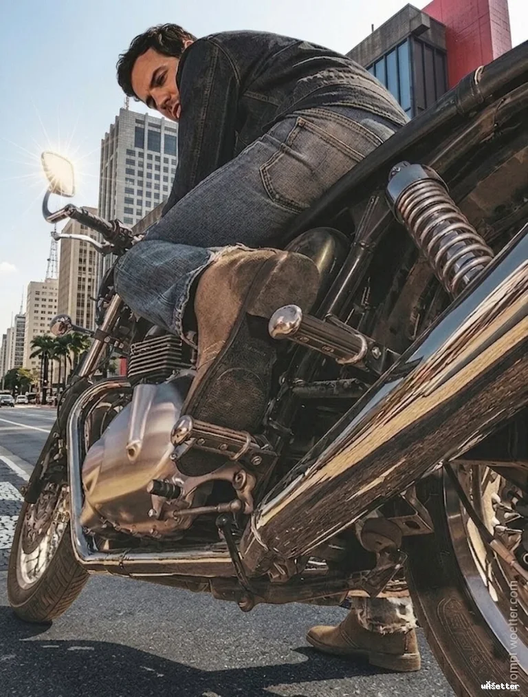 Fotografia em ângulo baixo (contra-plongée) de um homem montado em uma motocicleta clássica estacionada em uma via urbana. O primeiro plano destaca em detalhes o escapamento cromado longo, as molas da suspensão e o motor metálico. O motociclista veste calça jeans, jaqueta escura e botas de camurça marrom. Um forte reflexo de sol em formato de estrela brilha no retrovisor, com arranha-céus ao fundo.
