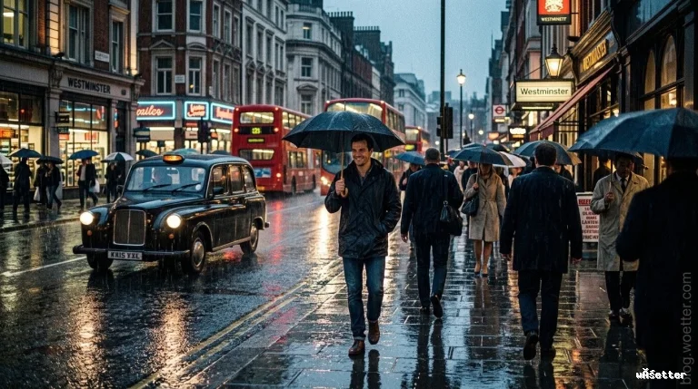 Homem sorridente caminhando sob forte chuva em uma rua movimentada de Londres, segurando um guarda-chuva escuro. Ele veste jaqueta escura e calça jeans. O cenário urbano de fim de tarde destaca o asfalto molhado refletindo as luzes da cidade, um clássico táxi preto à esquerda, ônibus vermelhos de dois andares ao fundo e diversos pedestres caminhando com guarda-chuvas próximos a vitrines iluminadas.