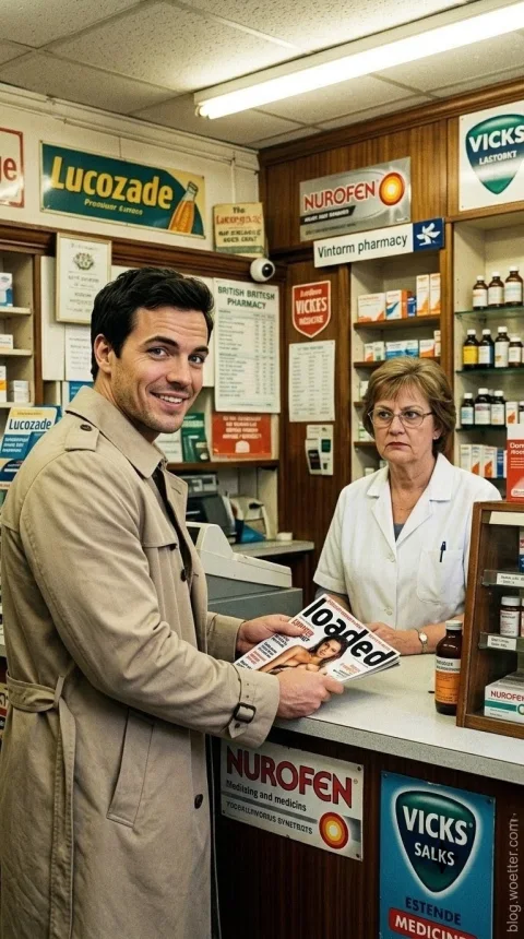 Homem de sobretudo bege sorrindo de forma descontraída diretamente para a câmera, segurando a revista "loaded" sobre o balcão de uma farmácia. Atrás do balcão, a farmacêutica de jaleco branco e óculos o observa com uma expressão desaprovadora. O ambiente possui uma estética clássica, decorado com prateleiras de madeira repletas de remédios e placas publicitárias antigas de marcas farmacêuticas como Nurofen e Vicks.