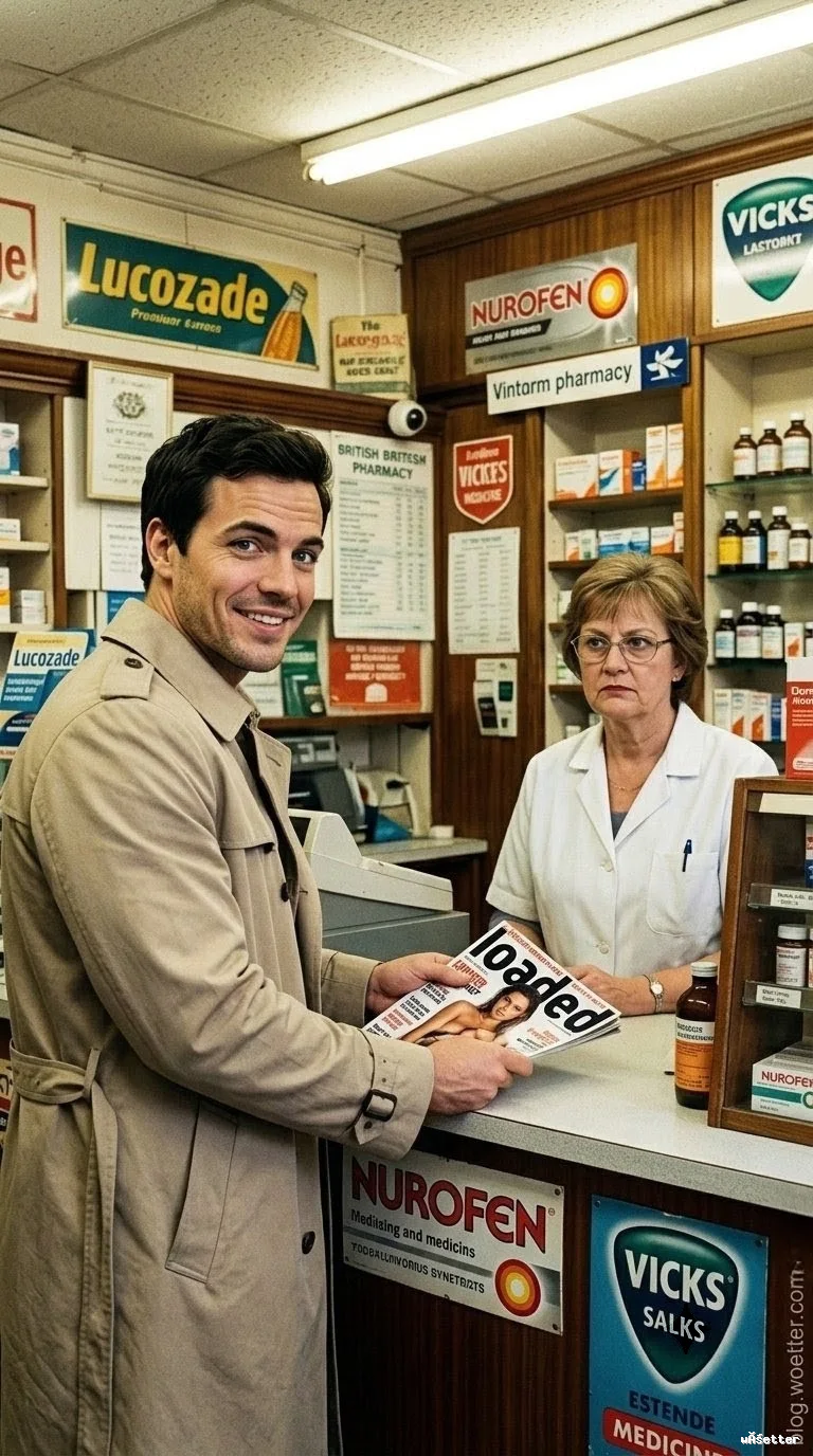 Homem de sobretudo bege sorrindo de forma descontraída diretamente para a câmera, segurando a revista "loaded" sobre o balcão de uma farmácia. Atrás do balcão, a farmacêutica de jaleco branco e óculos o observa com uma expressão desaprovadora. O ambiente possui uma estética clássica, decorado com prateleiras de madeira repletas de remédios e placas publicitárias antigas de marcas farmacêuticas como Nurofen e Vicks.