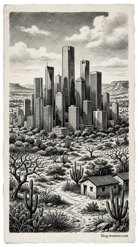 Ilustração em preto e branco, no estilo xilogravura de cordel. Em primeiro plano, uma paisagem árida de sertão com cactos, vegetação seca, árvores retorcidas e uma pequena casa rústica. Ao fundo, criando um forte contraste com o ambiente rural, ergue-se uma densa metrópole com grandes arranha-céus modernos sob um céu com nuvens.