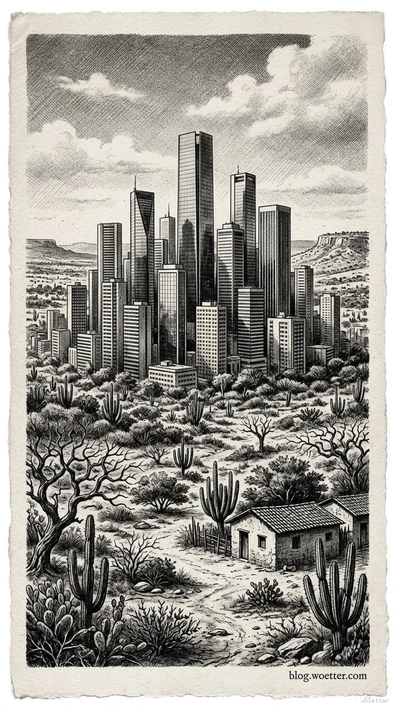 Ilustração em preto e branco, no estilo xilogravura de cordel. Em primeiro plano, uma paisagem árida de sertão com cactos, vegetação seca, árvores retorcidas e uma pequena casa rústica. Ao fundo, criando um forte contraste com o ambiente rural, ergue-se uma densa metrópole com grandes arranha-céus modernos sob um céu com nuvens.