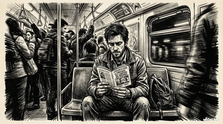 Ilustração em preto e branco com traços de carvão. No interior de um vagão de metrô lotado, um homem com expressão cansada e barba por fazer está sentado lendo um livreto de literatura de cordel intitulado "A CHEGADA DE LAMPIÃO NO INFERNO". Ao redor dele, vários passageiros estão em pé segurando as barras de apoio, e pela janela veem-se luzes passando em velocidade.