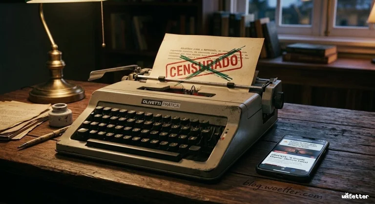 Uma máquina de escrever vintage cinza do modelo Olivetti Prática sobre uma mesa rústica de madeira, iluminada por uma luminária clássica de luz quente. Presa ao rolo da máquina, há uma folha de papel datilografada com um grande carimbo vermelho escrito "CENSURADO", cruzado por um "X" verde. À direita da máquina, repousa um smartphone exibindo uma tela de alerta sobre "fake news". À esquerda, há papéis dobrados e uma caneta. O ambiente tem uma atmosfera escura, de escritório antigo.