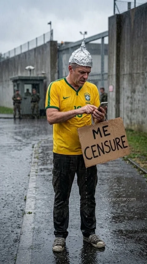 Um homem de meia-idade em pé sob chuva forte, vestindo uma camisa amarela da seleção brasileira de futebol com detalhes verdes, e um chapéu cônico feito de papel alumínio. Ele olha concentrado para um smartphone em suas mãos, enquanto carrega pendurada no pescoço uma placa de papelão com a frase "ME CENSURE" escrita em letras pretas. Ao fundo, desfocados, estão muros altos de concreto, uma guarita de segurança e figuras que aparentam ser guardas militares. O asfalto está molhado e reflete levemente a cena.