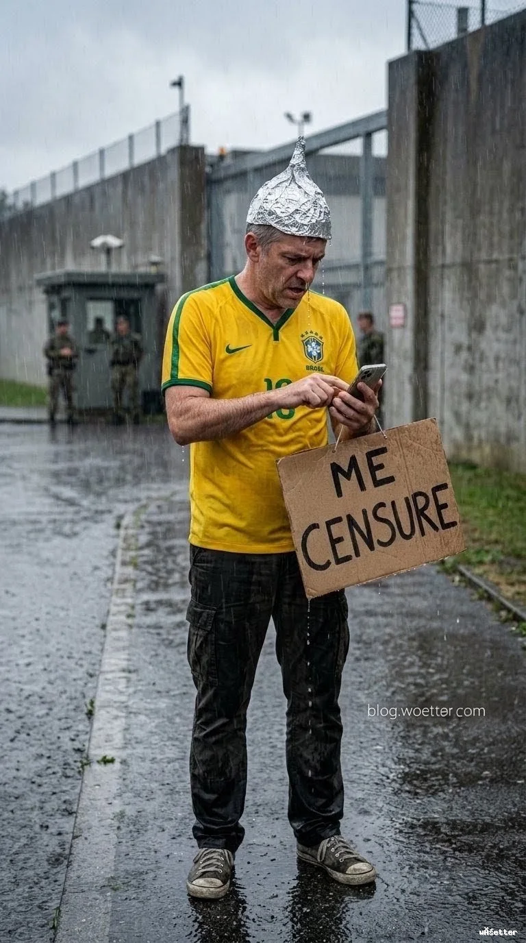 Um homem de meia-idade em pé sob chuva forte, vestindo uma camisa amarela da seleção brasileira de futebol com detalhes verdes, e um chapéu cônico feito de papel alumínio. Ele olha concentrado para um smartphone em suas mãos, enquanto carrega pendurada no pescoço uma placa de papelão com a frase "ME CENSURE" escrita em letras pretas. Ao fundo, desfocados, estão muros altos de concreto, uma guarita de segurança e figuras que aparentam ser guardas militares. O asfalto está molhado e reflete levemente a cena.