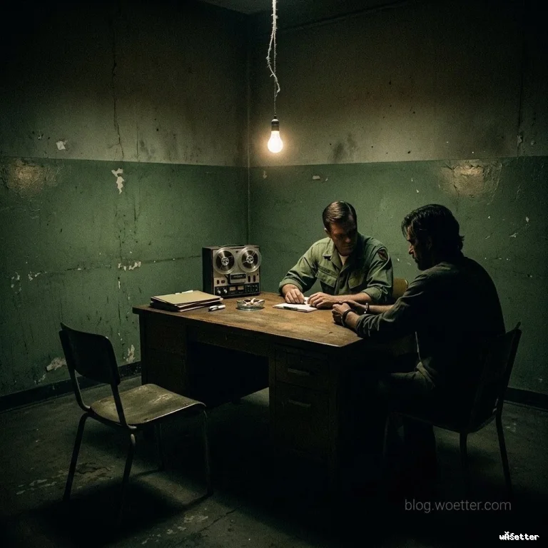 Uma sala de interrogatório escura e sombria com paredes de pintura verde descascada. Uma lâmpada incandescente nua pende do teto por um fio rústico, iluminando uma mesa de madeira onde dois homens estão sentados. O homem à esquerda veste uma camisa verde de estilo militar e analisa documentos, enquanto o homem à direita, vestindo uma camisa escura, está sentado com as mãos apoiadas na mesa. Sobre o móvel há um antigo gravador de rolo, pastas de papel e um cinzeiro. Uma cadeira vazia aparece no primeiro plano à esquerda.