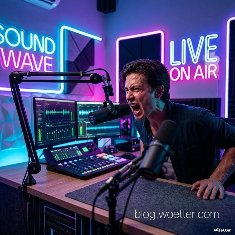 Um estúdio de podcast moderno e tecnológico, fortemente iluminado por vibrantes letreiros de neon em azul e rosa com os dizeres "SOUND WAVE" e "LIVE ON AIR". No centro, um jovem de cabelos escuros vestindo uma camisa azul escuro apoia as duas mãos sobre a mesa, inclinando-se para a frente e gritando agressivamente em um microfone profissional. A mesa de madeira está equipada com uma grande mesa de som, um mousepad de feltro e dois monitores de computador que exibem softwares de edição com gráficos de ondas de áudio. Painéis acústicos geométricos decoram as paredes ao fundo.