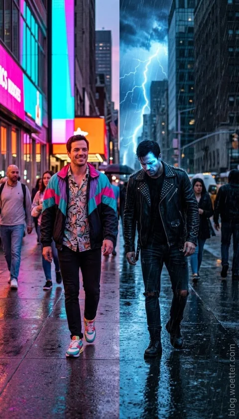 Imagem dividida ao meio mostrando o mesmo homem em duas situações contrastantes caminhando por uma rua na cidade. Na metade esquerda, o clima é alegre e vibrante, com luzes de neon rosa e ciano refletindo no chão úmido; o homem sorri e veste uma jaqueta corta-vento estilo retrô em tons de rosa, ciano e roxo, camisa estampada e tênis coloridos. Na metade direita, o clima é sombrio e tempestuoso, sob forte chuva e com um grande raio rasgando o céu escuro entre os prédios; o homem caminha de cabeça baixa, com expressão abatida, vestindo uma jaqueta de couro preta com tachas, calça jeans escura rasgada nos joelhos e botas pretas.