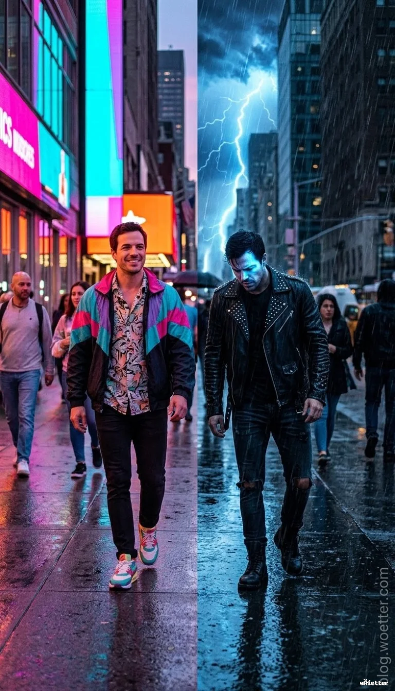 Imagem dividida ao meio mostrando o mesmo homem em duas situações contrastantes caminhando por uma rua na cidade. Na metade esquerda, o clima é alegre e vibrante, com luzes de neon rosa e ciano refletindo no chão úmido; o homem sorri e veste uma jaqueta corta-vento estilo retrô em tons de rosa, ciano e roxo, camisa estampada e tênis coloridos. Na metade direita, o clima é sombrio e tempestuoso, sob forte chuva e com um grande raio rasgando o céu escuro entre os prédios; o homem caminha de cabeça baixa, com expressão abatida, vestindo uma jaqueta de couro preta com tachas, calça jeans escura rasgada nos joelhos e botas pretas.