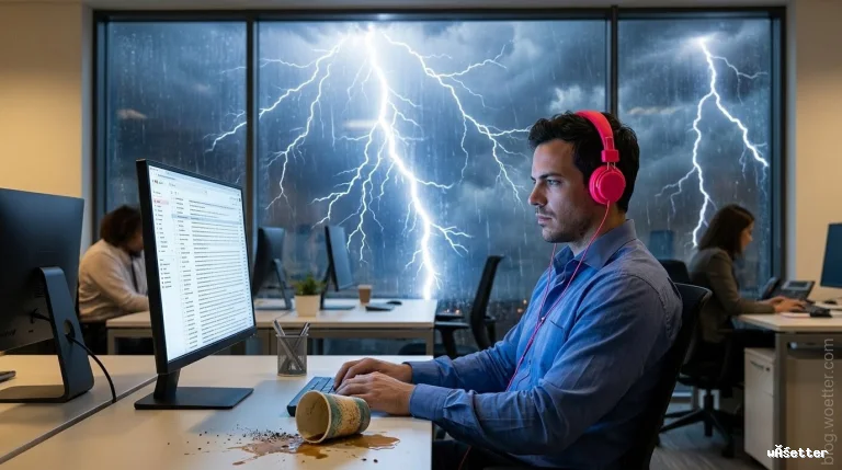Homem trabalhando concentrado em um escritório, sentado de perfil e olhando para o monitor de seu computador. Ele tem cabelos curtos escuros, veste uma camisa social azul e usa fones de ouvido grandes na cor rosa. Sobre a mesa branca, à sua frente, um copo de papel está caído, derramando café na superfície. Atrás dos monitores, uma grande janela de vidro exibe uma tempestade dramática com chuva forte e um enorme relâmpago brilhando no céu escuro. Outros colegas de trabalho aparecem desfocados no fundo do escritório.