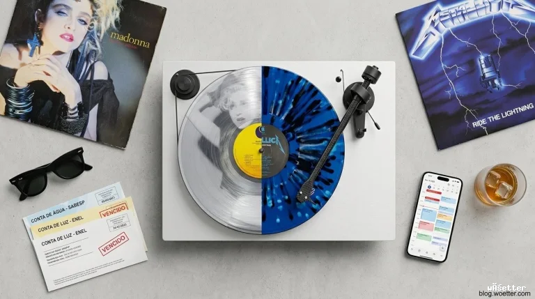 Vista superior de uma mesa cinza clara com diversos objetos organizados. No centro, uma vitrola branca toca um disco de vinil visualmente dividido em duas metades: a esquerda é de um vinil transparente com o rosto da cantora Madonna visível ao fundo, e a direita é de um vinil azul com respingos pretos e o selo da banda Metallica. No canto superior esquerdo repousa a capa do álbum 'True Blue' da Madonna, e no canto superior direito, a capa de 'Ride the Lightning' do Metallica. No canto inferior esquerdo há óculos de sol pretos e boletos de contas de água (Sabesp) e luz (Enel) marcados com carimbos vermelhos de 'VENCIDO'. No canto inferior direito, um smartphone exibe um aplicativo de calendário ao lado de um copo com uísque e pedras de gelo.