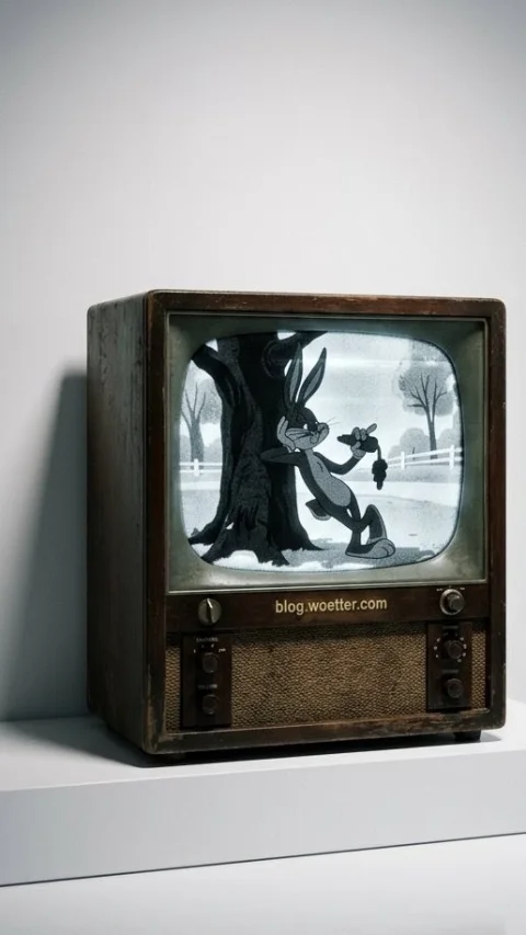 Um televisor vintage de madeira com botões analógicos posicionado sobre uma base branca, em frente a uma parede lisa e clara. A tela exibe uma cena de desenho animado clássico em preto e branco, mostrando um coelho segurando uma cenoura enquanto se apoia descontraidamente no tronco de uma árvore.