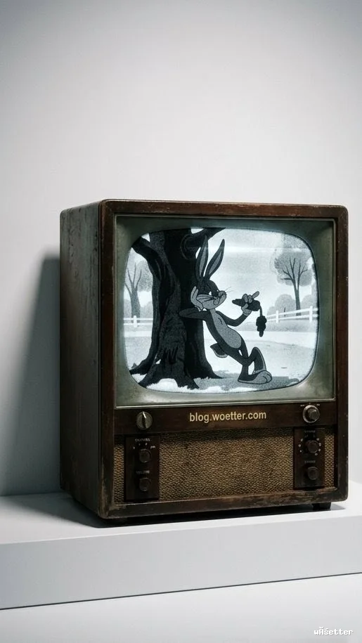 Um televisor vintage de madeira com botões analógicos posicionado sobre uma base branca, em frente a uma parede lisa e clara. A tela exibe uma cena de desenho animado clássico em preto e branco, mostrando um coelho segurando uma cenoura enquanto se apoia descontraidamente no tronco de uma árvore.