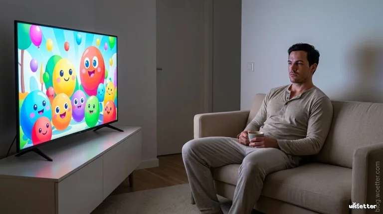 Um homem adulto com expressão neutra está sentado em um sofá bege em uma sala de estar com pouca luz, segurando uma caneca nas mãos. À sua frente e à esquerda, uma televisão moderna de tela plana sobre um rack branco contrasta com o ambiente ao exibir uma animação infantil extremamente brilhante e colorida, repleta de figuras arredondadas e sorridentes semelhantes a balões.