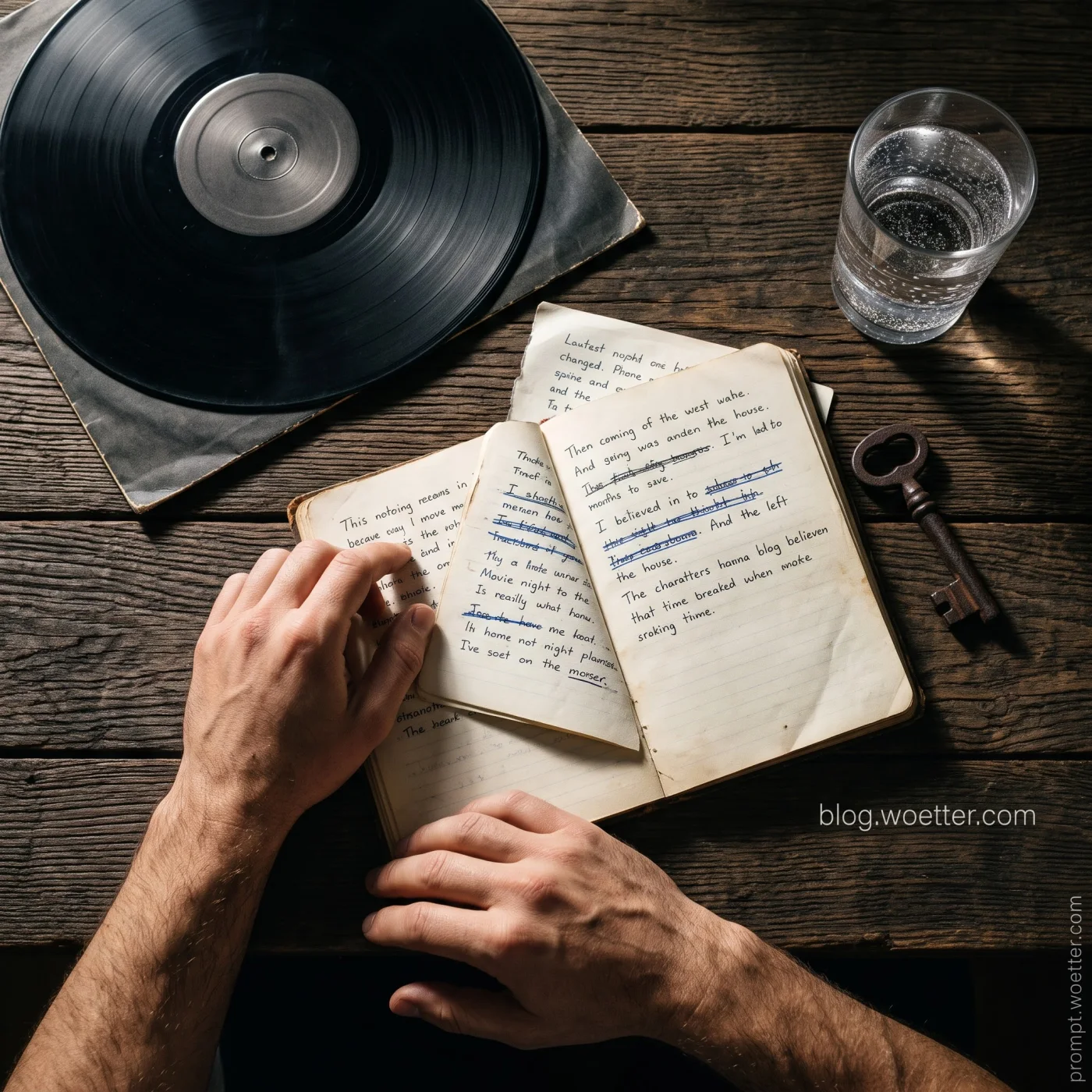 Visão superior de uma mesa de madeira rústica. Os antebraços e as mãos de um homem repousam sobre as páginas abertas de um caderno de aspecto envelhecido, preenchido com caligrafia cursiva e várias frases riscadas com caneta azul. Ao redor do caderno, no canto superior esquerdo, há um disco de vinil preto apoiado em sua capa escura; no canto superior direito, um copo de vidro com água com gás; e, ao lado direito do caderno, uma chave de metal antiga e enferrujada.