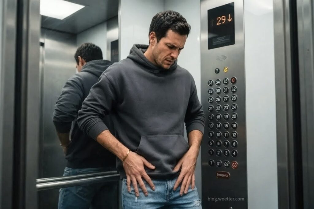 Fotografia de um homem visivelmente angustiado e sentindo dor dentro de um elevador de aço escovado. O homem tem cabelos curtos escuros, veste um moletom canguru cinza chumbo e calça jeans. Ele está de pé, ligeiramente curvado para frente, com ambas as mãos pressionando a região do abdômen ou virilha, com o rosto franzido em uma expressão de desconforto intenso. À direita, o painel metálico do elevador possui botões escuros e um visor digital luminoso no topo que indica o andar'29' com uma seta apontando para baixo. O espelho ao fundo reflete as costas do homem. A iluminação é fria e o enquadramento fechado transmite uma sensação de tensão e urgência.