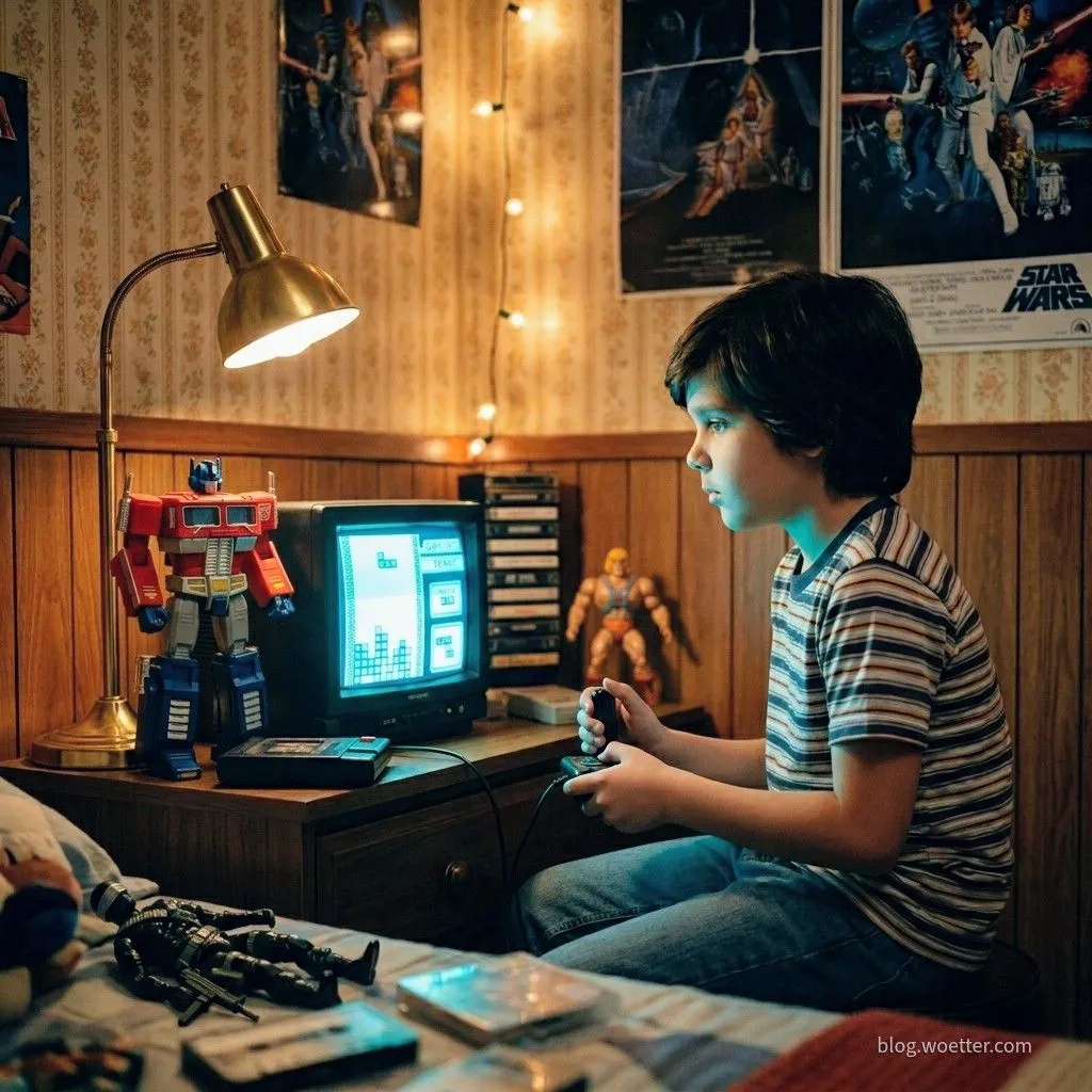 Eduardo, uma jovem criança de cabelos escuros jogando videogame em um quarto com forte estética dos anos 1980. Ele está sentado na beirada de uma cama, segurando um joystick preto com fio e olhando fixamente para uma pequena TV CRT que exibe um jogo de blocos semelhante ao Tetris. O ambiente possui iluminação quente e nostálgica vinda de uma luminária de mesa dourada e de um cordão de luzes na parede. A decoração inclui papel de parede floral com painéis de madeira inferiores, pôsteres de Star Wars e figuras de ação clássicas, como Optimus Prime e He-Man, além de uma pilha de fitas cassete sobre a escrivaninha. No primeiro plano desfocado sobre a cama, há mais fitas e um boneco de ação preto.