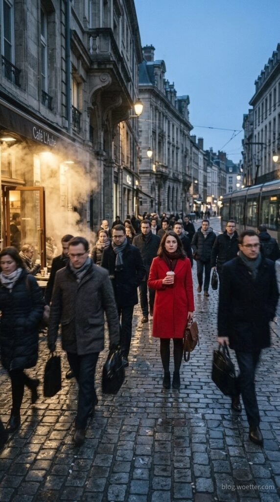 Cenário e Iluminação: Uma fotografia panorâmica de uma rua de paralelepípedos em uma cidade europeia clássica ao amanhecer. A iluminação é de um tom azul-acinzentado frio, típico do início da manhã. Composição: Dezenas de pessoas vestindo pesados casacos de inverno em tons escuros (preto, cinza e marinho) caminham em direção à câmera e para longe dela. Seus corpos estão levemente borrados, transmitindo uma sensação de pressa e movimento constante. O Foco: Exatamente no centro da multidão, uma mulher de cabelos escuros na altura dos ombros está parada, perfeitamente nítida, olhando fixamente para o espectador. Ela veste um casaco de lã vermelho vivo, que é o único ponto de cor quente e vibrante em toda a cena. Ela segura um copo de café de papel. Detalhes: À esquerda, há a fachada de um café iluminado por dentro com luzes amarelas, de onde sai uma densa nuvem de vapor que se mistura ao ar frio da rua.