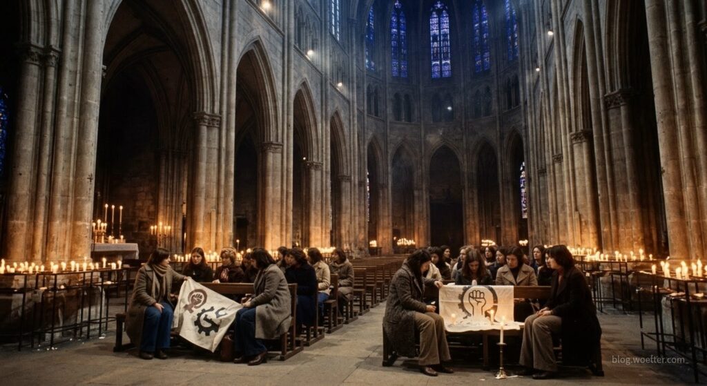 Cenário e Iluminação: O interior grandioso, rústico e escuro de uma igreja gótica de pedra. O teto é altíssimo com arcos pontiagudos. A iluminação principal vem de dezenas de velas acesas espalhadas pelo chão e altares, criando um contraste dramático de luz quente dourada contra a pedra fria. Feixes de luz azulada entram pelos vitrais altos ao fundo, revelando poeira suspensa no ar. Composição: Nos antigos bancos de madeira, grupos de mulheres estão sentadas. O visual de suas roupas (casacos, golas rolês, cabelos naturais) remete à década de 1970. O Foco: A câmera está posicionada de baixo para cima, dando grandiosidade ao espaço. Em primeiro plano, duas mulheres seguram pelas pontas uma faixa de tecido cru, de fabricação caseira, que exibe o símbolo de um punho cerrado preto dentro de uma engrenagem (símbolo de direitos trabalhistas). A atmosfera é solene, silenciosa e de forte determinação.